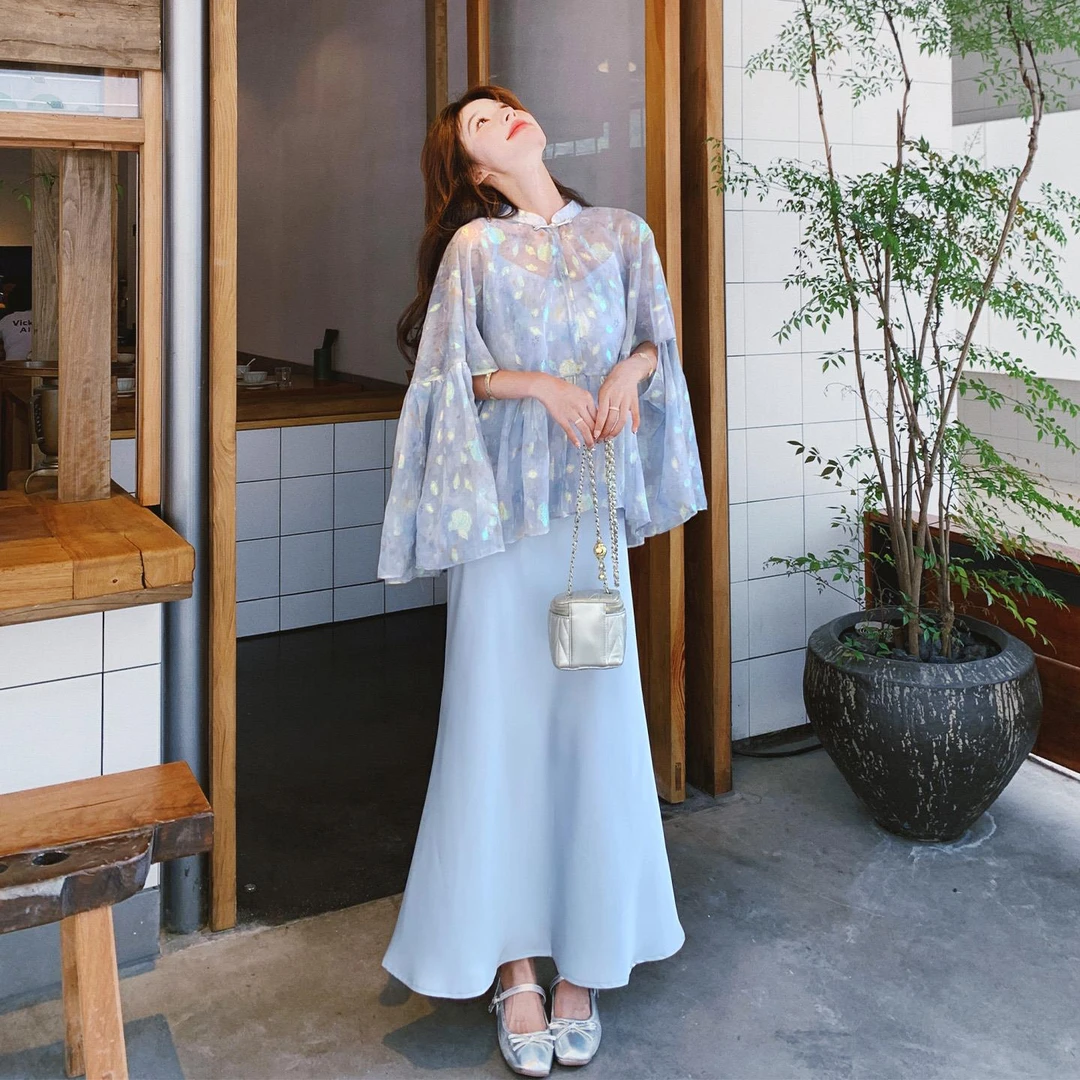 新中式国风套装女夏季2025新款提花盘扣上衣缎面吊带连衣裙两件套