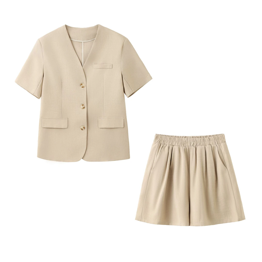 B 门店52&9！曼达套装」乐丽丝斜纹抗皱圆领马甲短裤两件套 C22166