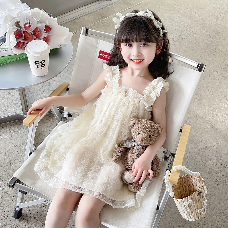 女小童立体花朵网纱连衣裙夏季新款女宝宝时尚吊带公主裙生日礼服
