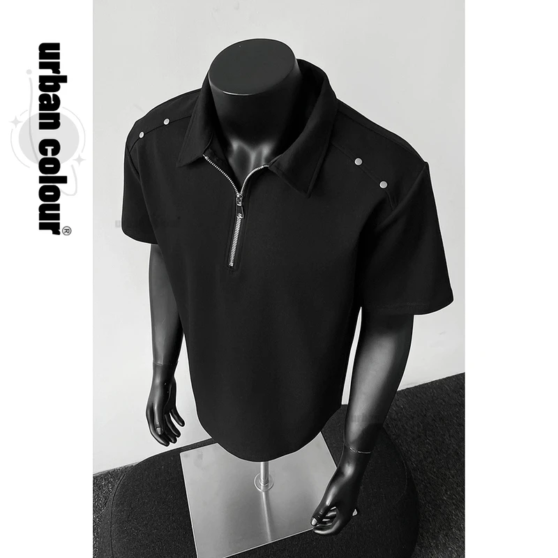 半拉链翻领短袖polo衫复古cleanfit潮牌痞帅炸街t恤夏季男款上衣