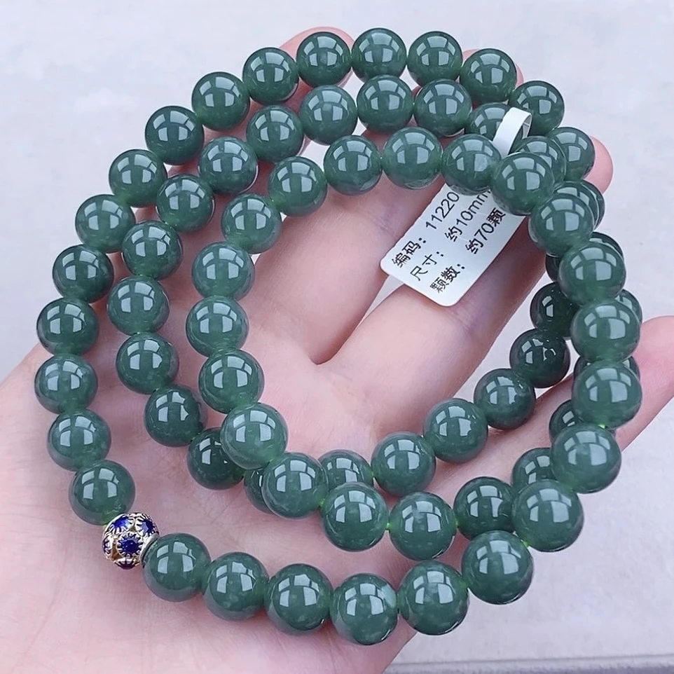 天然绿翡翠项链 卡10 正品A货 冰满绿圆珠项链 百搭 吊坠链 长链