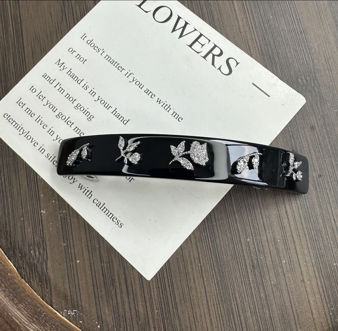 [卓菲]黑色花朵一字弹簧夹 5262