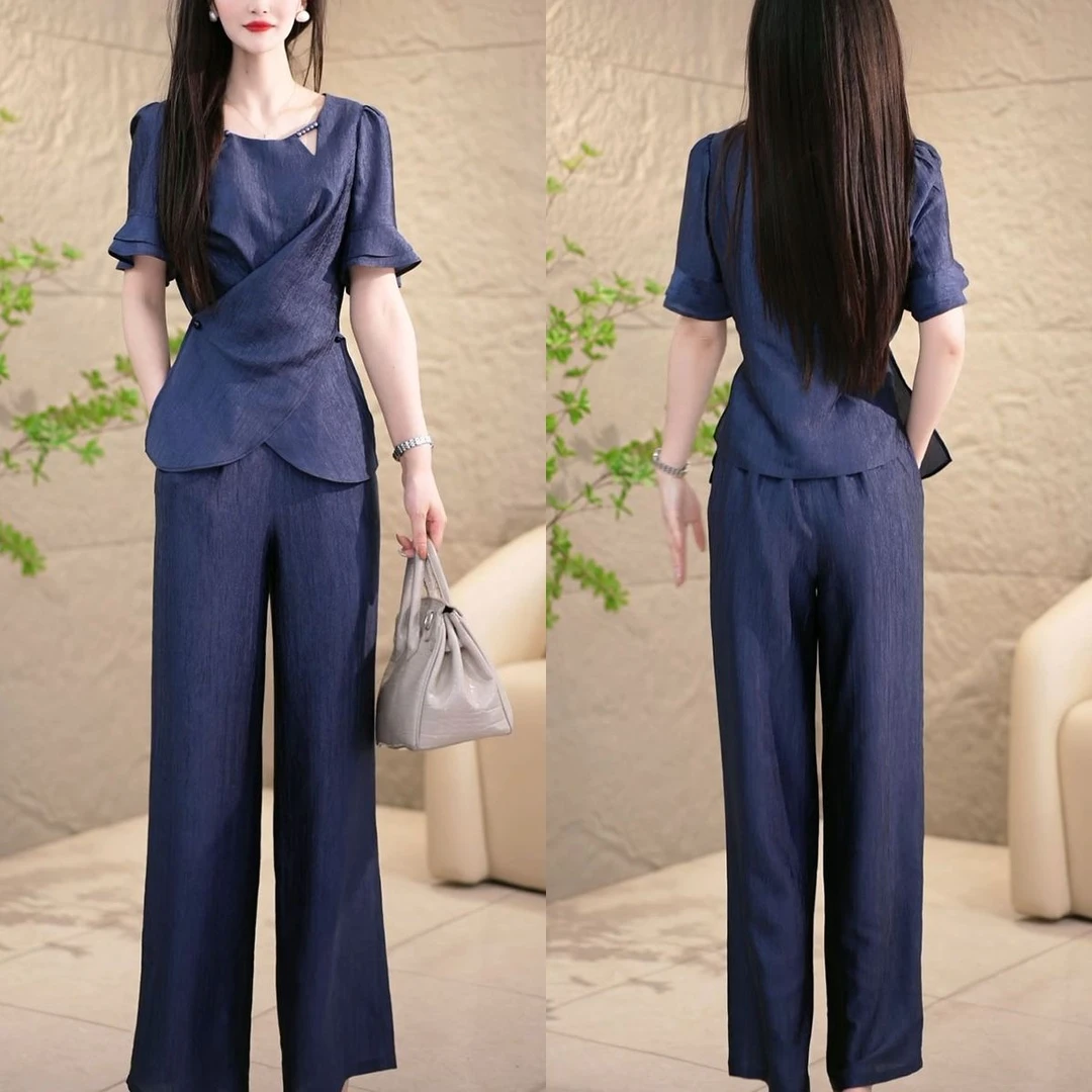 百搭通勤套装2025夏季洋气新品复古减龄收腰上衣宽松长裤两件套女