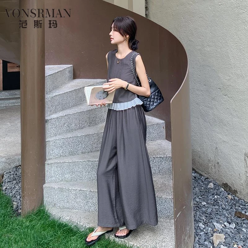 灰色棉麻套装女夏季气质时尚休闲巨显瘦遮肉无袖上衣阔腿裤两件套