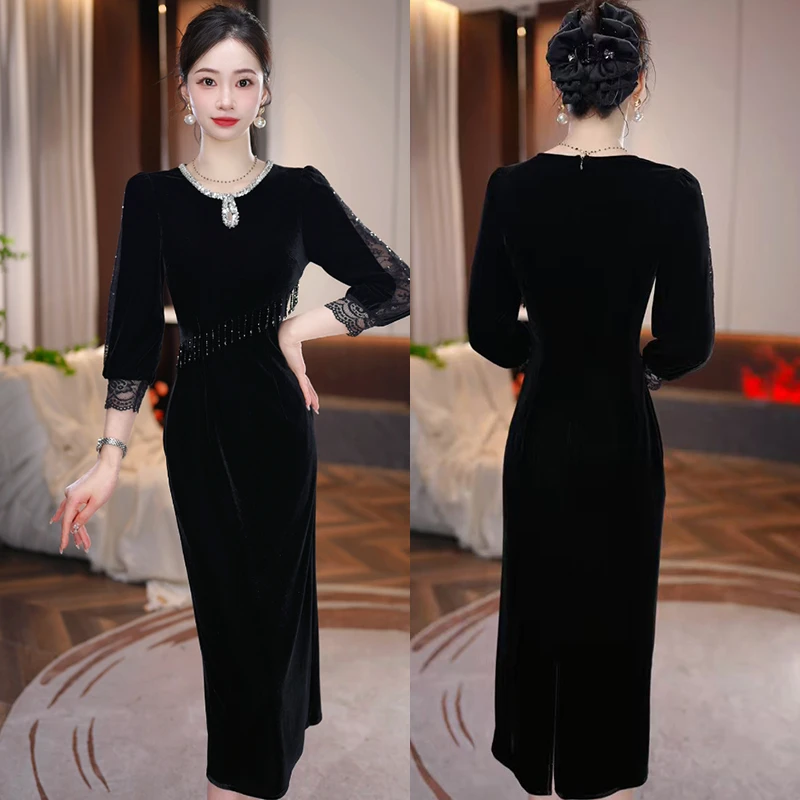【墨色星辉】2025秋季新款收腰显瘦洋气减龄轻奢女人味黑色连衣裙