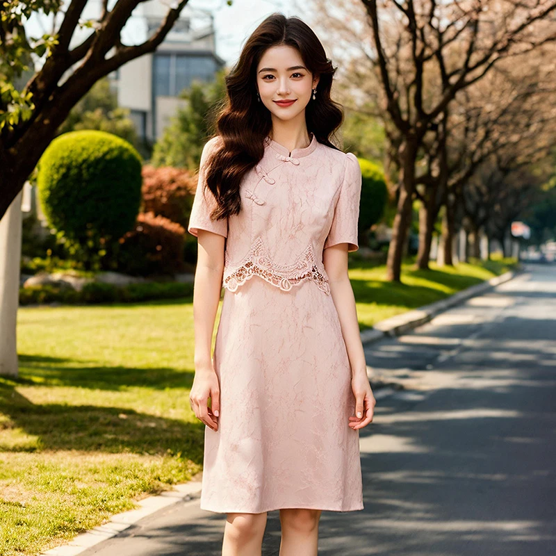 奢姿【江南花絮】大码女装显瘦时尚减龄花边假两件新中式旗袍连衣裙