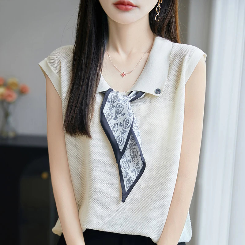 韩系2025夏季新款POLO翻领纽扣丝巾高级感洋气套头无袖针织衫上衣