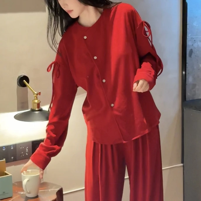 〈红运暖居〉红色新中式德绒新年红长裤长袖家居服套装