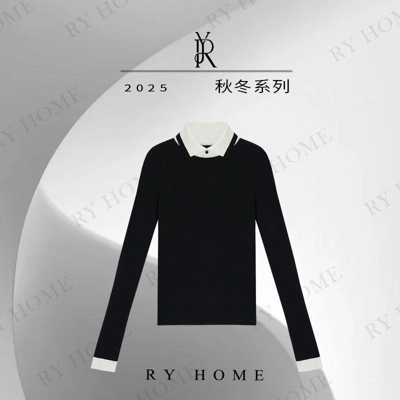 【容雨RYHOME】绵羊毛混纺经典黑白撞色Polo领打底衫253M3120