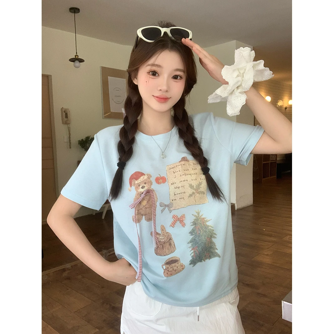 【小曹大码】夏装新款女韩系小熊印花立体蝴蝶结短袖T恤-ONL35115