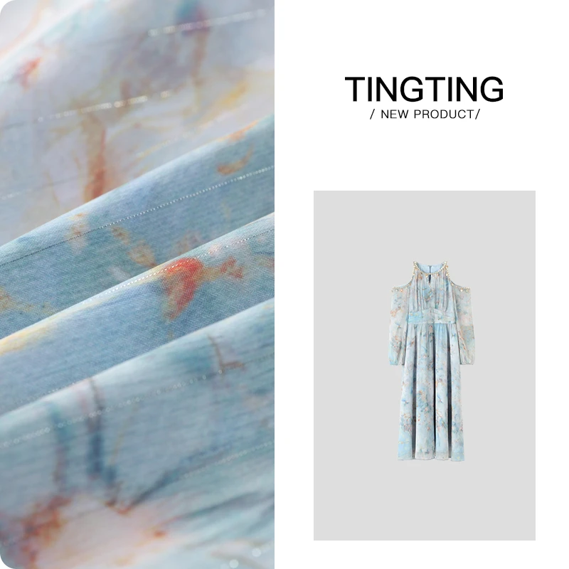 PANG TINGTING“波西米亚”气质蓝色复古长款连衣裙
