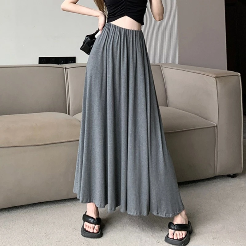 高腰莫代尔半身裙女夏装高个子到脚踝长裙子垂坠感百褶大摆A字裙