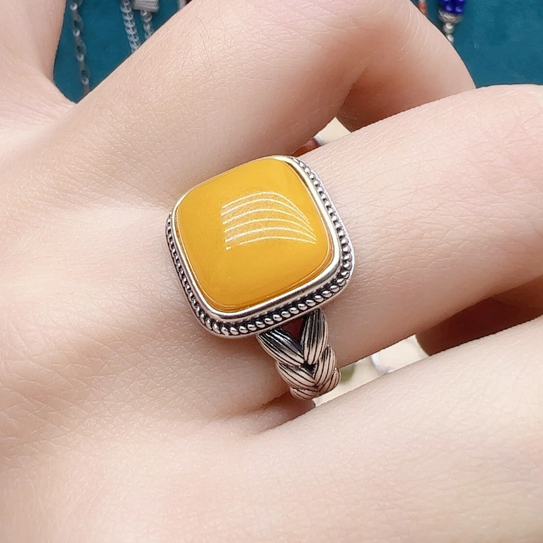 蜜蜡戒指银S925镶嵌天然