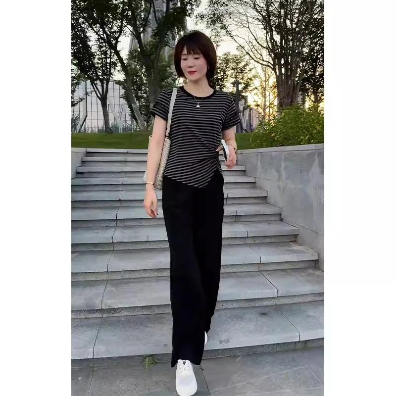 夏季新款夏日通勤气质轻奢轻熟宽松ins条纹短袖上衣九分休闲裤