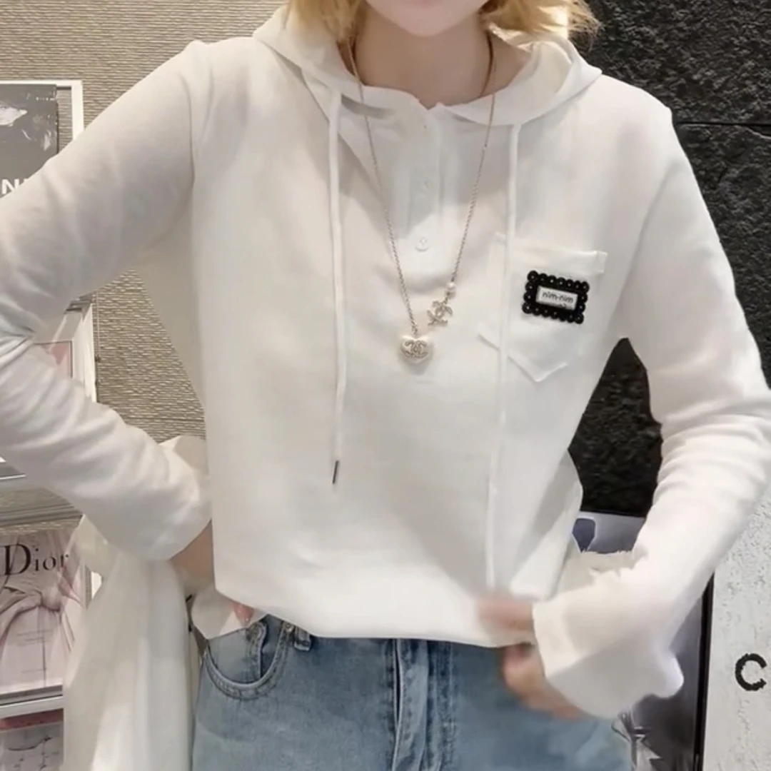 长袖连帽刺绣吸汗排汗欧式女T恤时尚春秋带帽韩版