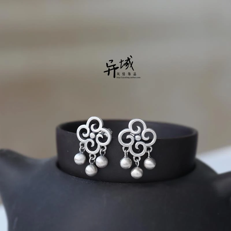 925银耳饰 【清常】手工民族风四叶草哑光工艺圆珠流苏复古耳饰耳钉