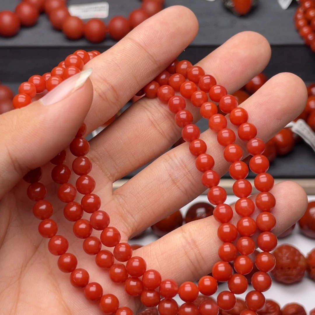 南红玛瑙未镶嵌手串H6mm收藏保山滴水洞满红满肉柿子红长链