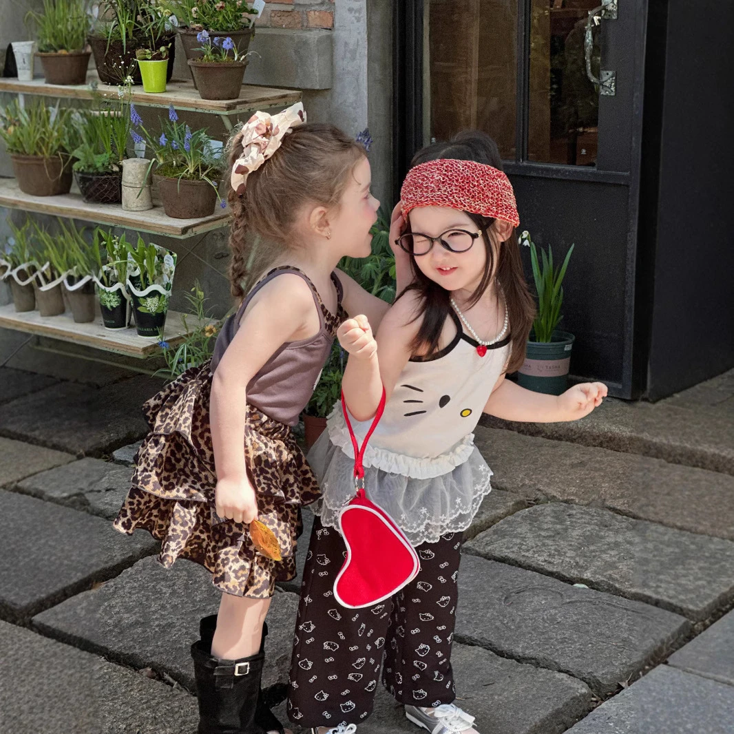 女童夏装卡通KT吊带背心短袖+屁帘裤子套装无袖T恤女孩两件套童装