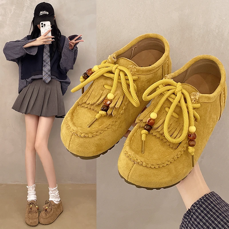 面包勃肯鞋女2025新款春秋季百搭懒人一脚蹬乐福鞋子流苏博肯单鞋