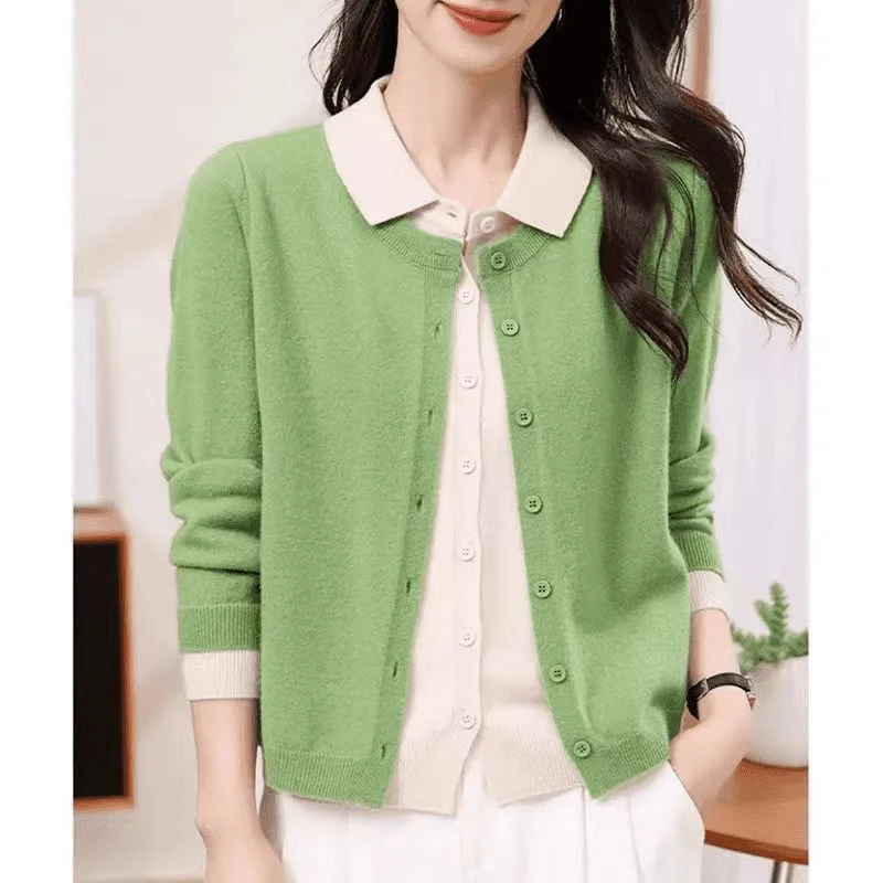 【翻领假两件】翻领拼色设计感减龄针织衫女秋季新款假两件毛衣