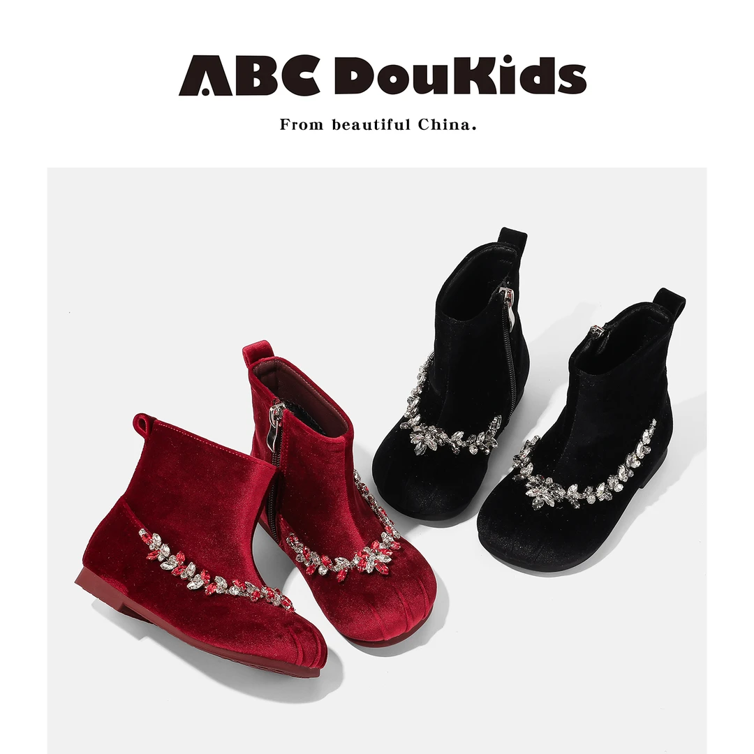 ABC Doukids2025女童短靴冬季韩版新款软底靴百搭简约加绒单靴