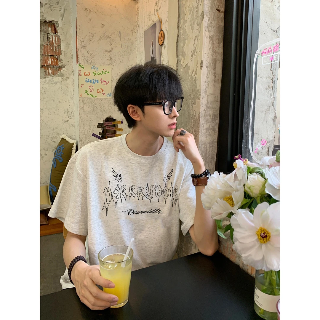 100%纯棉美式炫酷镂空字母印花短袖T恤夏季男女休闲潮流情侣上衣