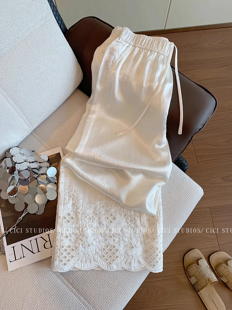 米杏色重工钩花镂空刺绣阔腿休闲裤夏季2025垂感显瘦高级感凉凉裤