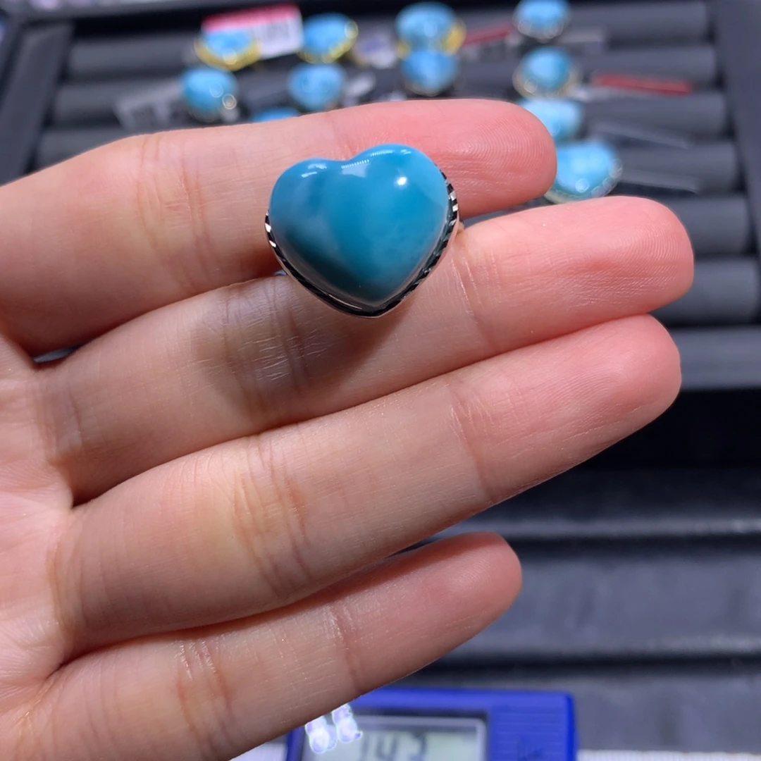 针钠钙石（海纹石）银S925镶嵌戒指爱心戒指色差略异