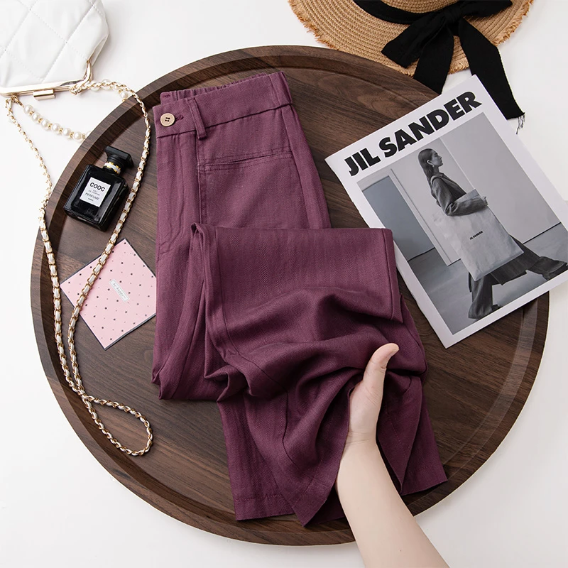 天丝亚麻阔腿裤女2025夏季新款高腰宽松遮胯显瘦休闲人字纹直筒裤