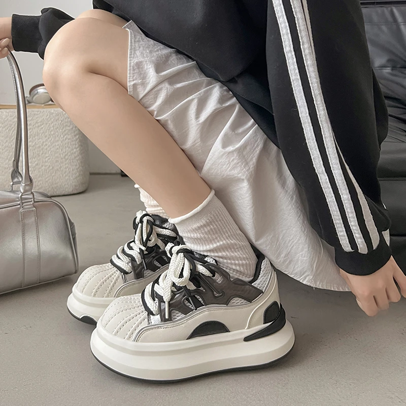 透气厚底潮鞋女2025夏季新款设计师款小众拼色贝壳鞋网面休闲板鞋