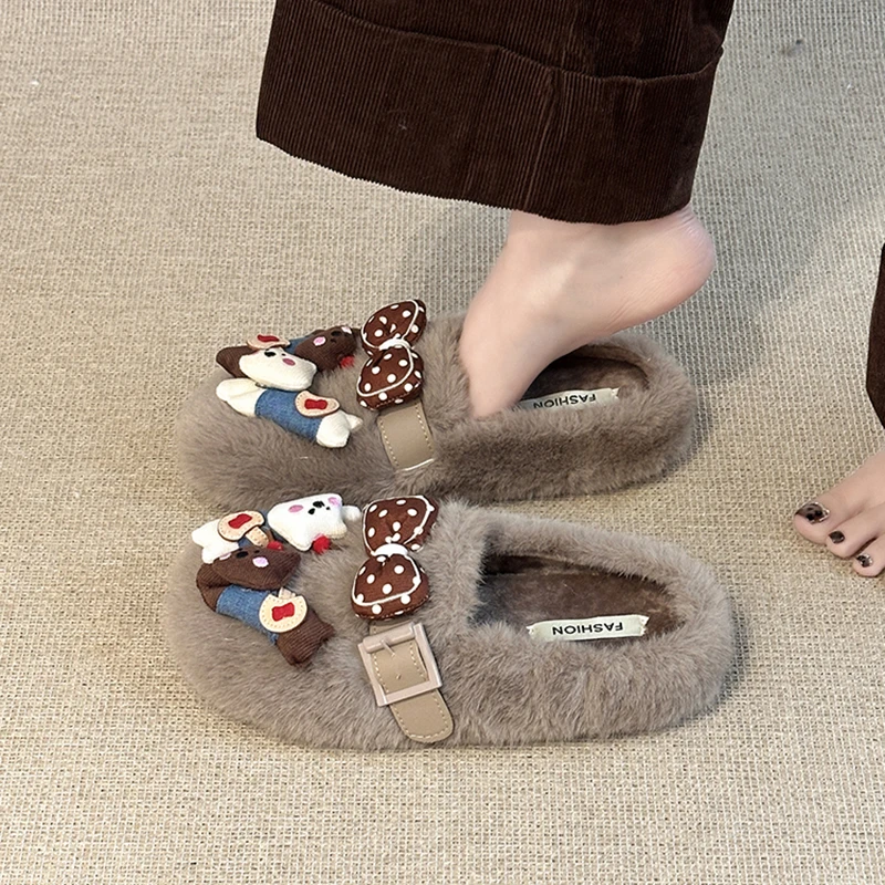 厚底卡通蝴蝶结包头毛毛拖鞋女款2025外穿保暖居家棉拖鞋冬季新款