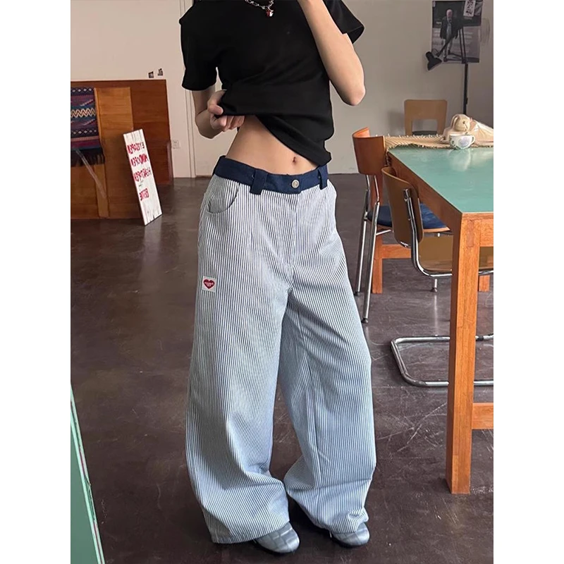 美式复古蓝色条纹裤子女款夏季刺绣垂感阔腿裤设计感小众直筒长裤