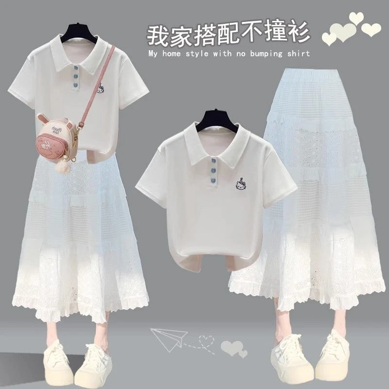 2025夏季套装女学生韩版宽松卡通绣花短袖T恤+蛋糕半身裙两件套