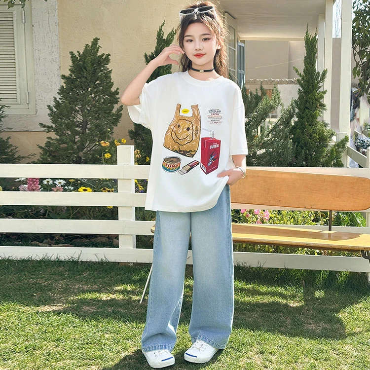 夏季女童套装薄款中大童短袖t恤阔腿牛仔裤两件套儿童洋气休闲服