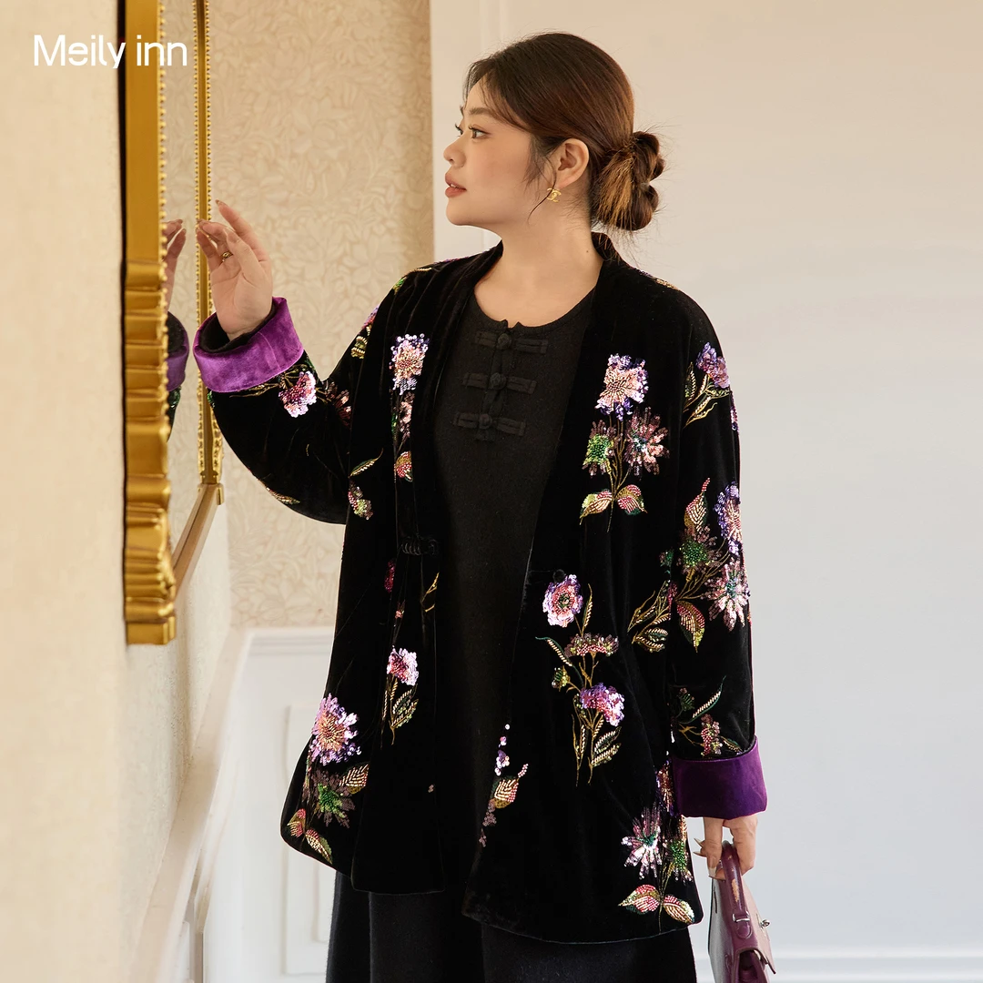 美丽客栈大码女装立体丝绒重工珠片绣花棉外套2025冬新款胖mm上衣