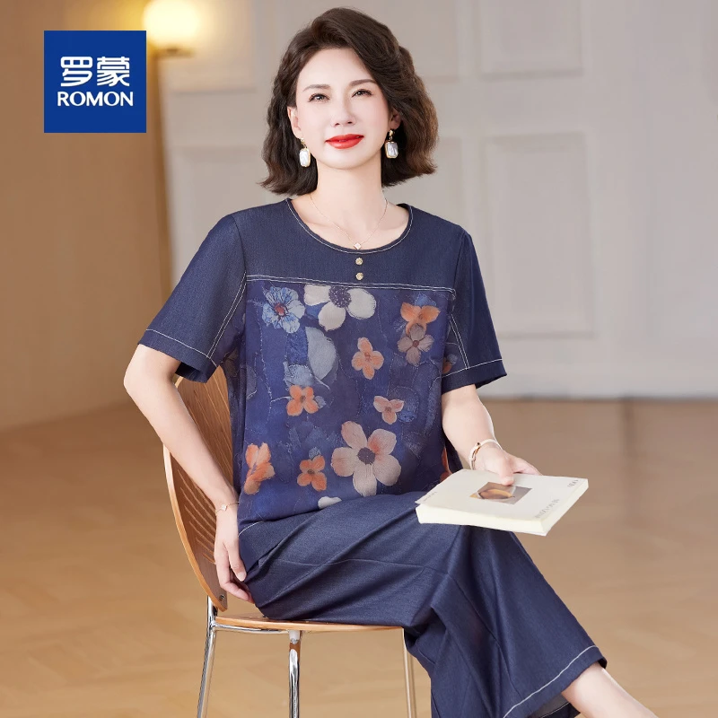罗蒙中老年女装夏季50岁60妈妈时尚贵夫人碎花小衫T恤休闲裤套装