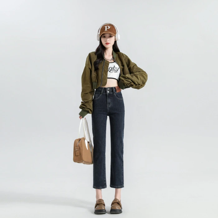 高腰弹力八九分小个子窄版直筒牛仔裤女春秋季宽松显瘦修身烟管裤