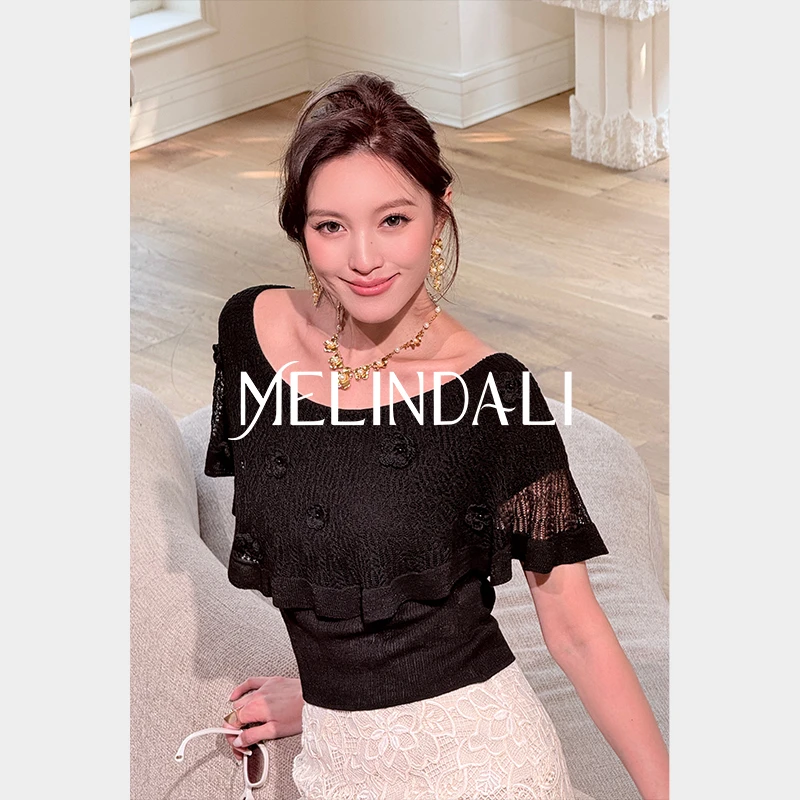 Melinda Li【花园夜曲】法式复古宫廷风蕾丝边珍珠手工钩花针织短袖