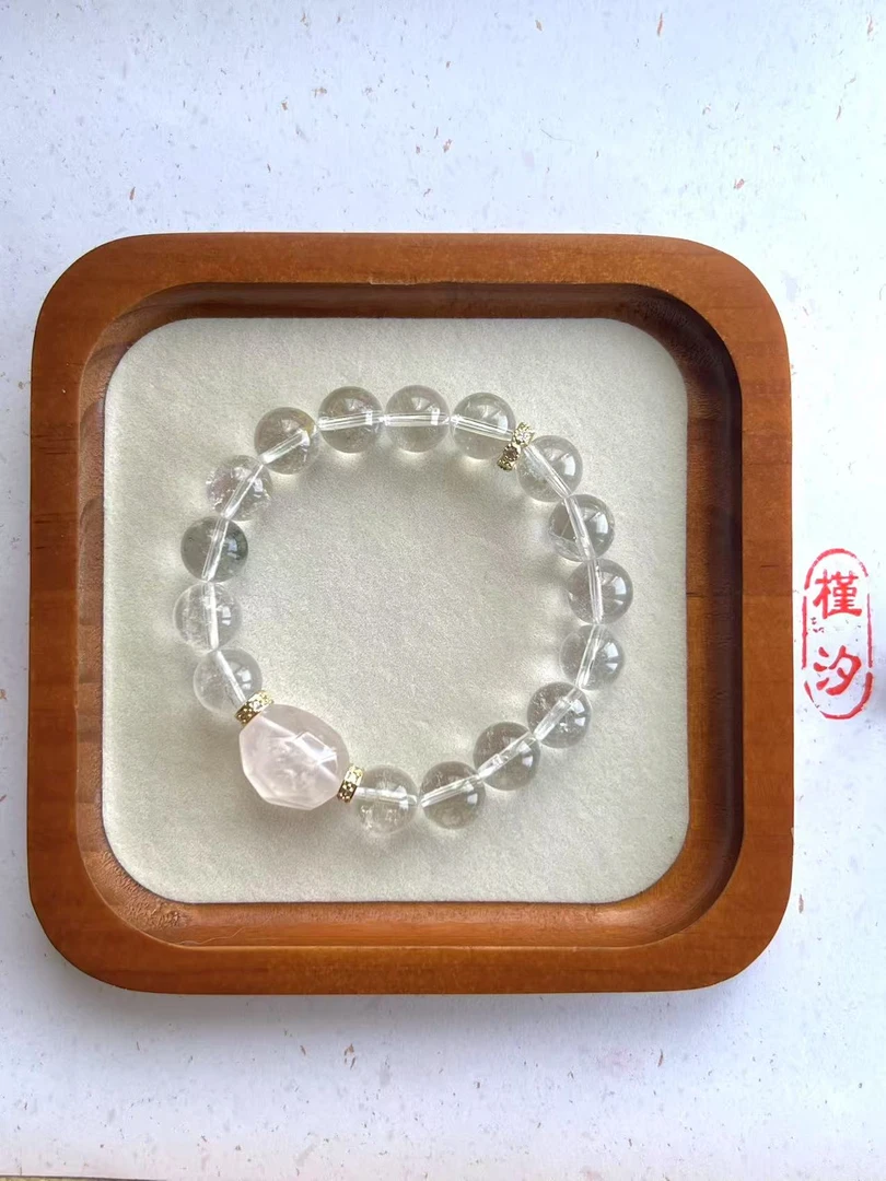 合金石英石手链 女款天然白水圆珠配粉雪霜钻切单圈手串