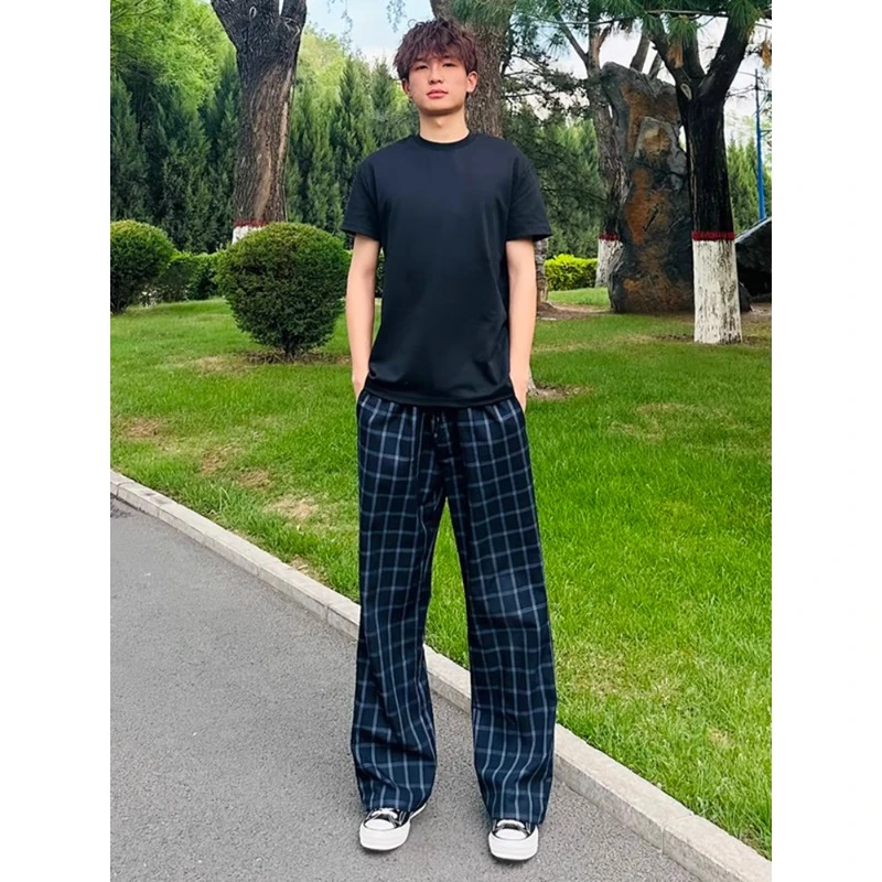 何以至此格子休闲裤男夏季美式高街微喇裤子cleanfit潮牌运动长裤