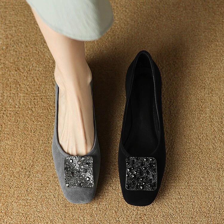 欧若风女鞋法式复古羊皮圆头水钻方扣粗跟单鞋女新款气质浅口通勤