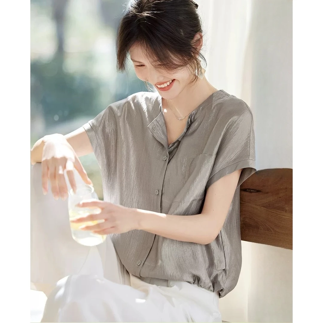 轻休闲慵懒衬衫上衣女夏季薄款清爽收腰显瘦短袖衬衣百搭简约