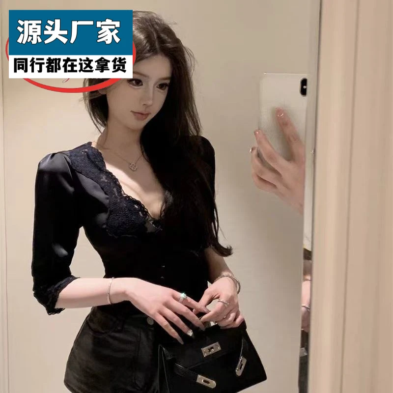 梵乐芬法式黑色蕾丝衫v领缎面性感蕾丝拼接衬衫女气质收腰中袖紧