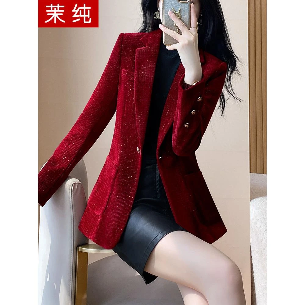 毛呢外套女秋冬高级感超好看红色加厚保暖金丝绒上衣时尚洋气西服