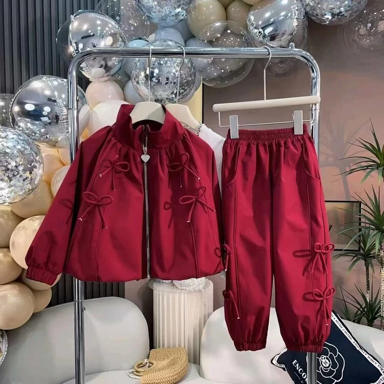 女童韩版蝴蝶结冲锋衣套装2024秋季新款儿童夹克外套休闲裤两件套