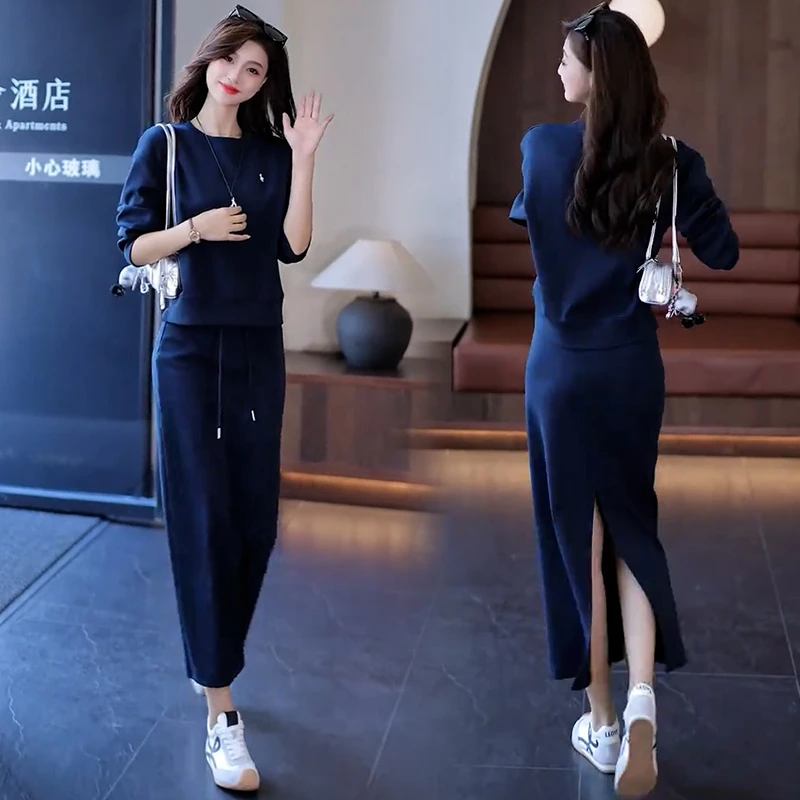 休闲运动套装裙女秋季新款洋气显瘦圆领刺绣卫衣开叉半身裙两件套