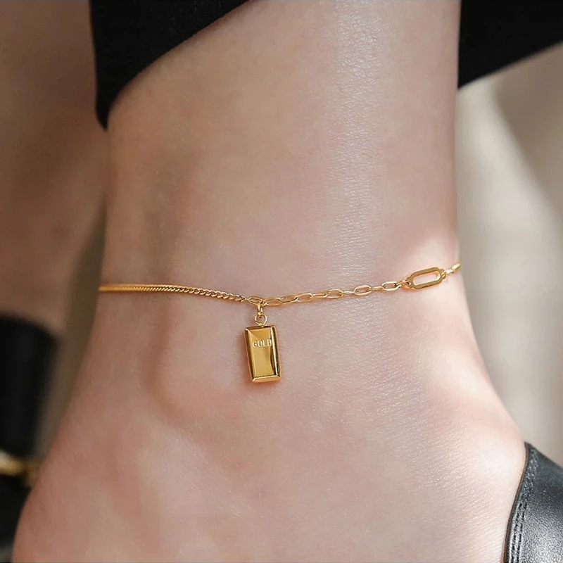 钛钢脚链 高级感金色小方砖脚链女轻奢小众气质百搭夏不掉色足链