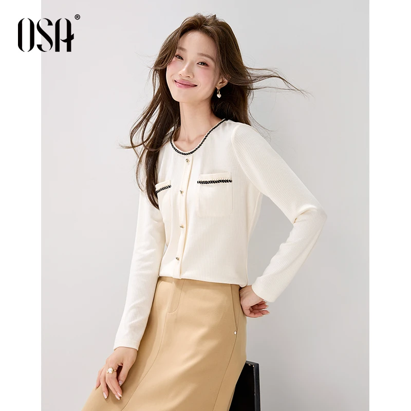 OSA小香风撞色领T恤女长袖秋季新款气质优雅高级感上衣S125C11017