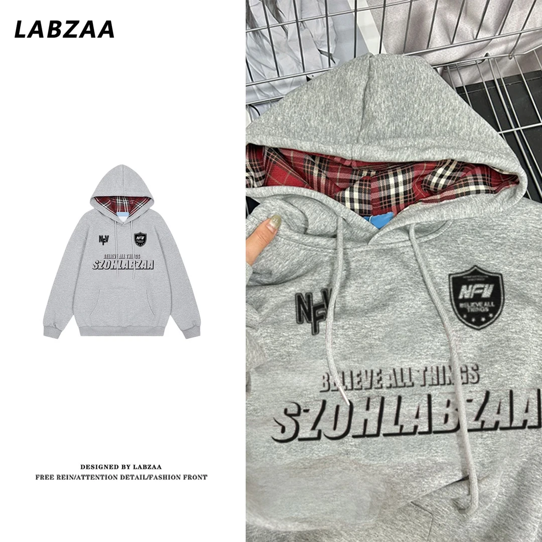 labzaa美式潮牌字母印花格子拼接连帽开衫卫衣秋冬季宽松男女上衣