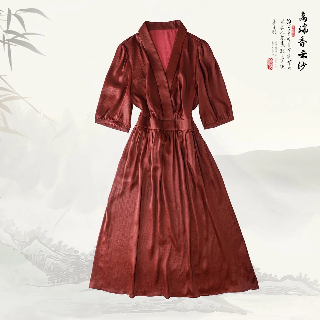 品牌新款桑蚕丝收腰显瘦V领连衣裙419404